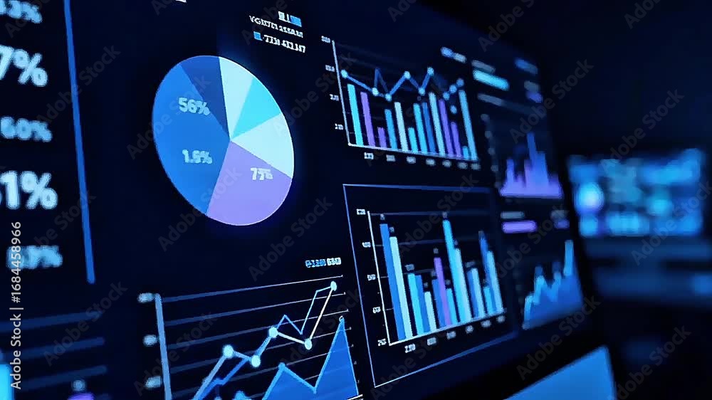Business intelligence and financial performance analysis shown on a digital dashboard with various charts and graphs
