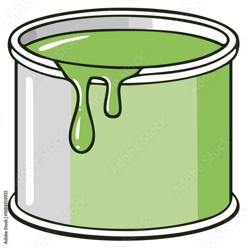 Open can of light green paint with drips overflowing down the side