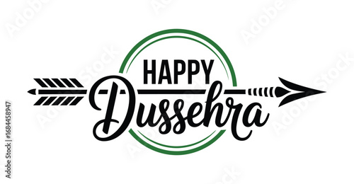 happy dussehra greeting with circular frame, decorative arrow, and elegant typography celebrating hindu festival