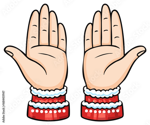 Pair of illustrated hands with patterned wristbands holding up palms in greeting