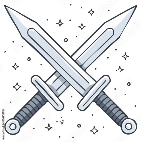 Two crossed medieval swords sparkling in a hand drawn doodle illustration