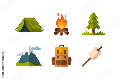 Adventure camping vector set, tent backpack fire trees mountains marshmallow stick, outdoor travel hiking gear flat design illustration collection