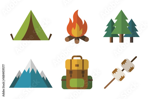 Outdoor camping vector set, fire tent trees mountains marshmallow stick backpack, hiking adventure travel gear flat illustration design collection