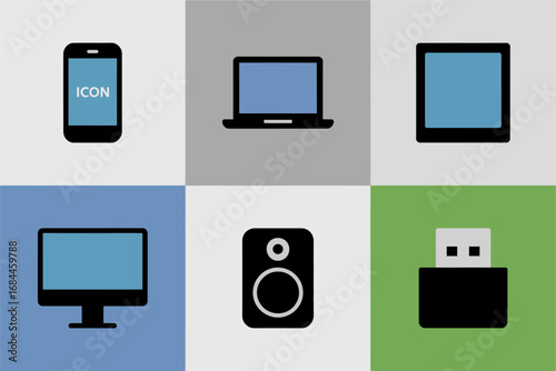 Electronic devices vector icons, laptop smartphone monitor speaker usb flash drive, digital technology gadget equipment set flat modern illustration