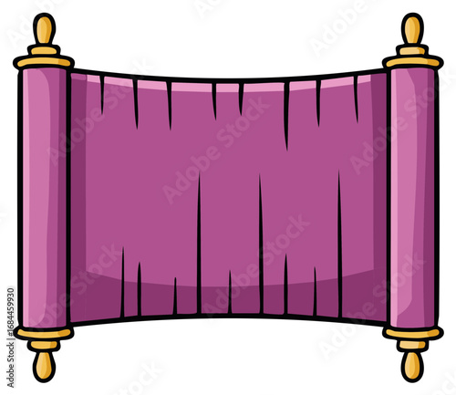 Antique scroll illustration with decorative ends and purple sheet of paper, vintage document