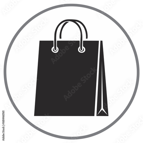 Black shopping bag icon with handles inside a circular frame for retail and e-commerce concepts