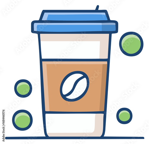 Coffee Cup with Coffee Bean and Floating Circles, a Take-Out Drink with Blue Lid
