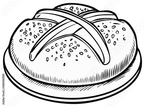 Rustic baked bread roll line art drawing with an X cut and scattered seeds