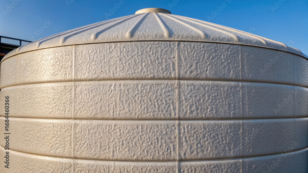 Fototapeta premium Large white storage tank for renewable energy solutions with textured surface under clear blue sky, outdoor utility infrastructure