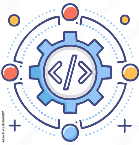 Technology gear icon with programming code symbol for software development and settings automation
