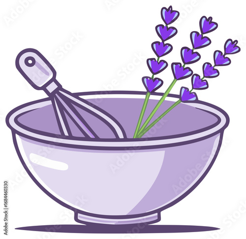 Cartoon illustration of a bowl with a whisk and lavender flowers