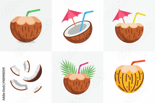 Coconut drink vector illustrations, tropical coconut halves and slices, cocktail umbrella, palm leaf, summer refreshment, island beverage graphics