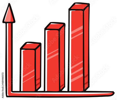 Hand drawn red bar chart with an upward arrow showing business growth and statistics
