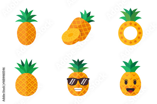 Pineapple character vector set, cute fruit faces with sunglasses smiley icons, tropical summer emoticon collection, snack party, food graphics