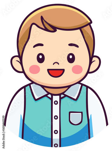 Cute cartoon boy portrait with happy expression wearing shirt with buttons and pocket, smiling face