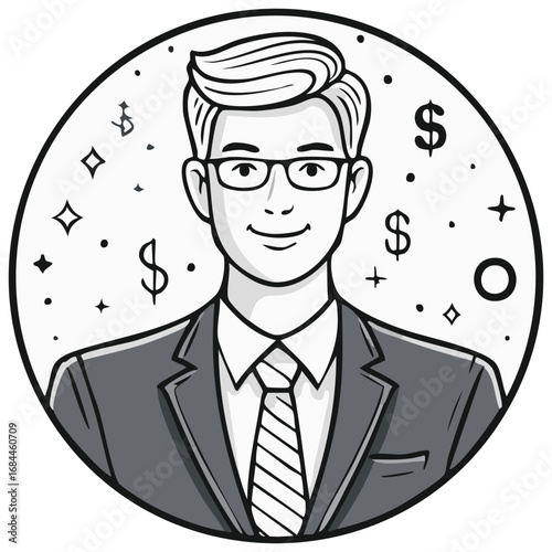 Smiling businessman in a suit avatar line art illustration with dollar signs for finance and success concepts