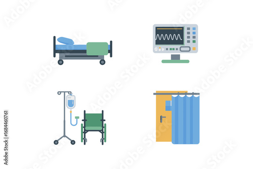 Hospital icons furniture vector set, bed monitor iv drip wheelchair curtain door icons, medical equipment room accessory graphics