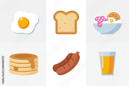 Simple breakfast icons collection, sunny fried egg toast pancakes sausage orange juice bowl, morning food vector illustration pack