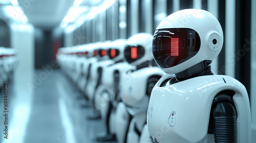 A row of robots are lined up in a room. One of the robots has a red light on its head