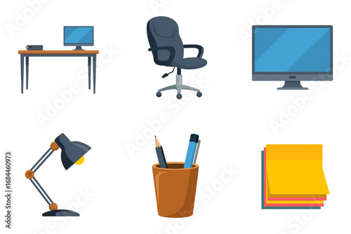 Workplace equipment vector illustrations, desktop monitor office chair lamp pen holder sticky notes, business productivity icons collection