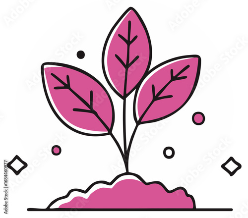Simple pink plant icon growing from soil new life and development illustration