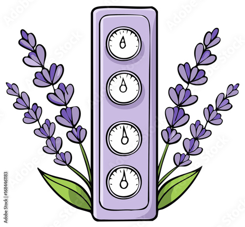 Illustration of lavender flowers with an indicator panel, health and wellness
