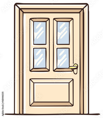 Cartoon illustration of a beige door with glass windows and a handle