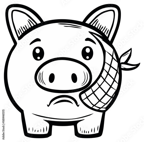 Crying cartoon pig with bandage tied to head for illness, injury, or other mishap requiring medical treatment