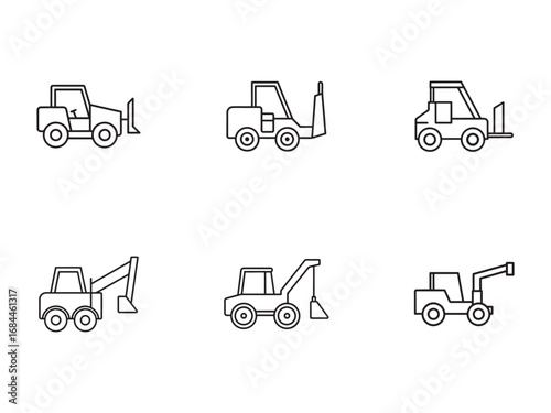 Construction Vehicle Icon Set Heavy Equipment Outlines for Building Projects and Industrial Applications Modern Line Art Style
