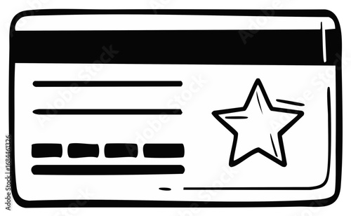 Hand-drawn black and white credit card icon with star symbol and magnetic stripe