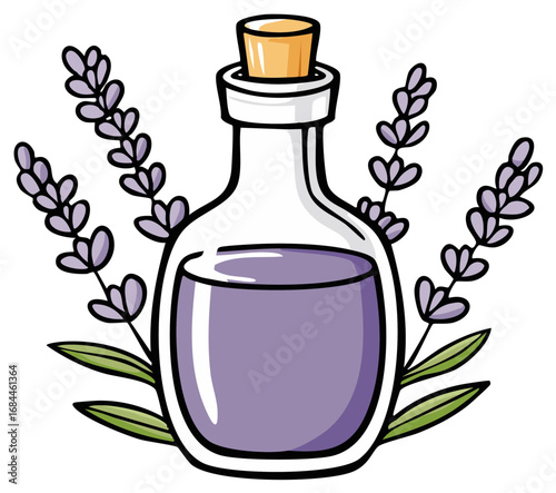 Aromatic lavender essential oil in a corked glass bottle with fresh plant sprigs illustration