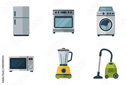 Household appliances flat icon collection, fridge stove washing machine blender vacuum cleaner microwave, electronic equipment design, kitchen essentials pack