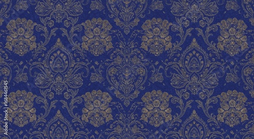 Luxurious Seamless Damask Pattern in Royal Blue and Gold for Elegant Design Projects and Decorative Backdrops