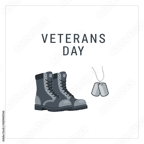 Illustration honoring veterans day with military boots and dog tags in a minimalist design