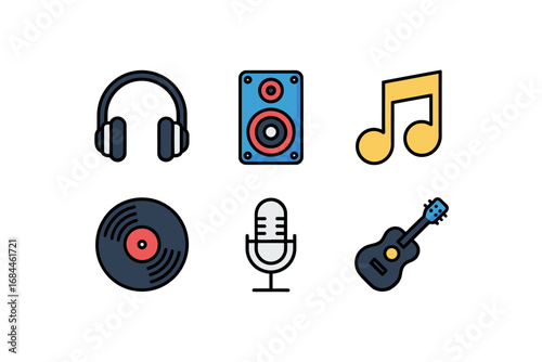 Music elements vector illustration pack, guitar speaker microphone record headphone music note, audio entertainment design, sound and instrument icons