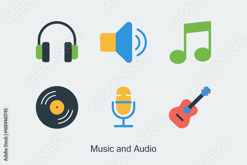 Audio and music icon design set, guitar microphone speaker headphone record music note, entertainment flat illustrations, creative sound graphics