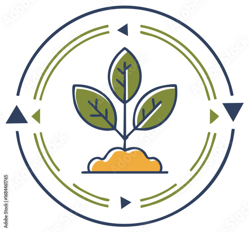 Plant sprouting from soil with circular arrows symbolizing growth, renewal, and sustainable ecosystem, creating a visual representation of lifecycle.