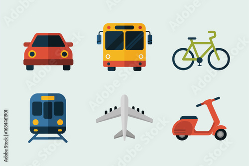 Transportation and mobility icon collection, car bus train bicycle airplane scooter, commuting travel vector illustrations, urban transport graphics