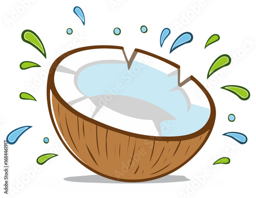 Cartoon illustration of a cracked coconut with water and splashes