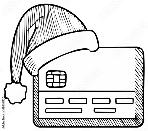 Hand drawn credit card wearing a festive Santa hat for holiday shopping and seasonal finance