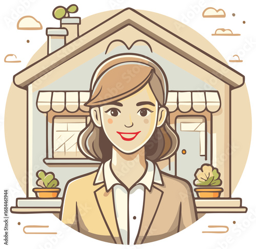 Cheerful woman cartoon stands before home illustration in vector style; architecture, building, person