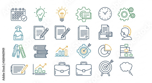 Business planning and project management icons set for strategy and development and time management concept