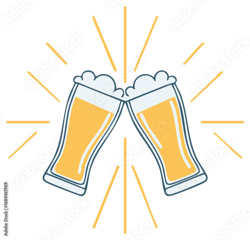 Vector illustration of two frothy beer glasses clinking together in a celebratory toast with sparkling lines