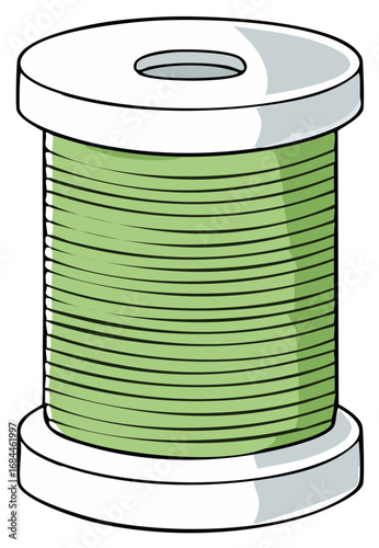 Cartoon illustration of a spool of thread. Green thread for crafting or sewing.