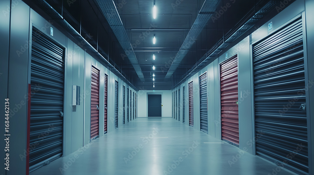 Fototapeta premium A long hallway with many doors, some of which are red. The hallway is empty. There are no people in the hallway