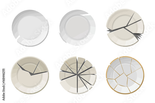 Stylized broken plate vector illustrations, fractured ceramic designs with decorative rim, cracked porcelain shards, elegant tableware damage graphics