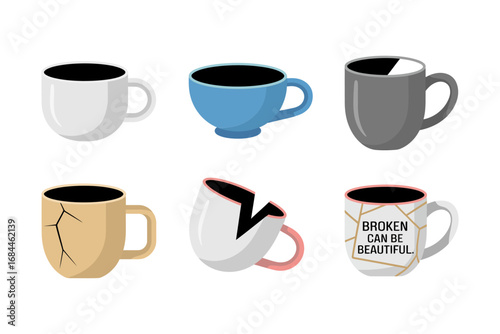 Cracked ceramic mug vector illustrations, broken coffee cup with chips and fractures, pottery damage icons, kitchenware accident clipart