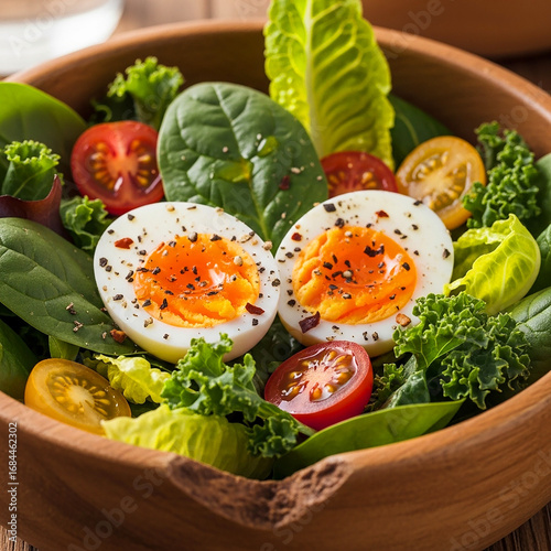 Fresh and healthy salad with soft boiled eggs and vibrant vegetables in a wooden bowl