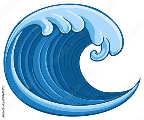 Powerful blue ocean wave illustration with curling crest breaking water element