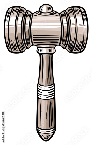 Illustrated wooden judge gavel drawing with detailed textures, hand drawn style for law and justice